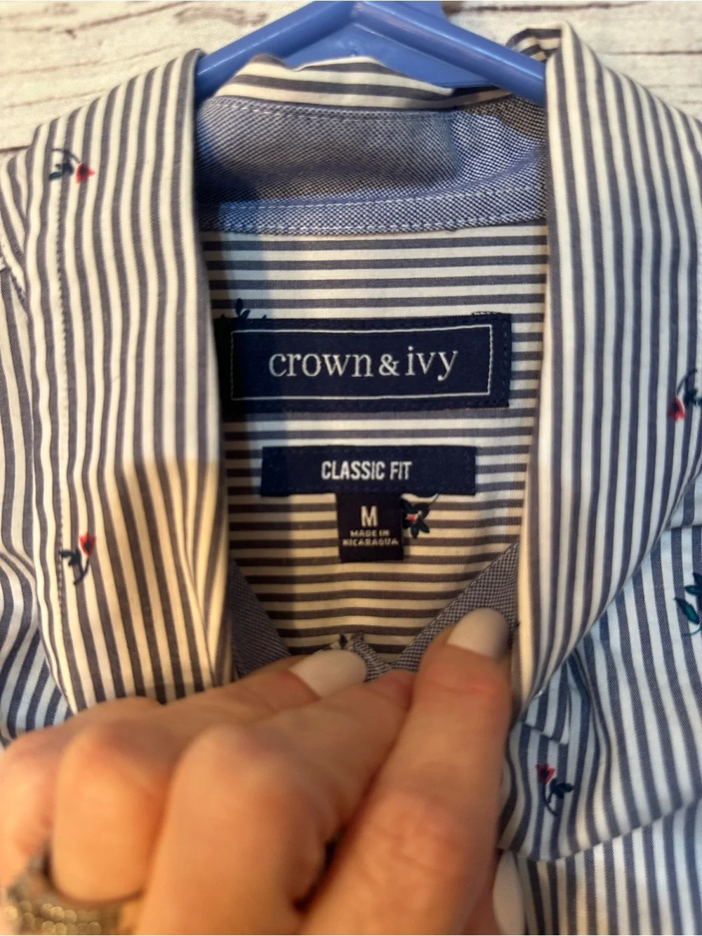 crown & ivy Navy and White Striped Button-Down with flower morif